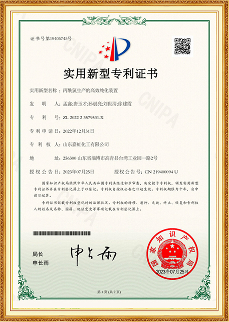 Certificado de patente de modelo de utilidad para un dispositivo de purificación eficiente para la producción de cloruro de butilo, otorgado a Shandong Jiahong Chemical, que destaca la innovación en la tecnología de procesamiento químico